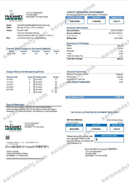 USA Texas McKinney utility bill template in Word and PDF format